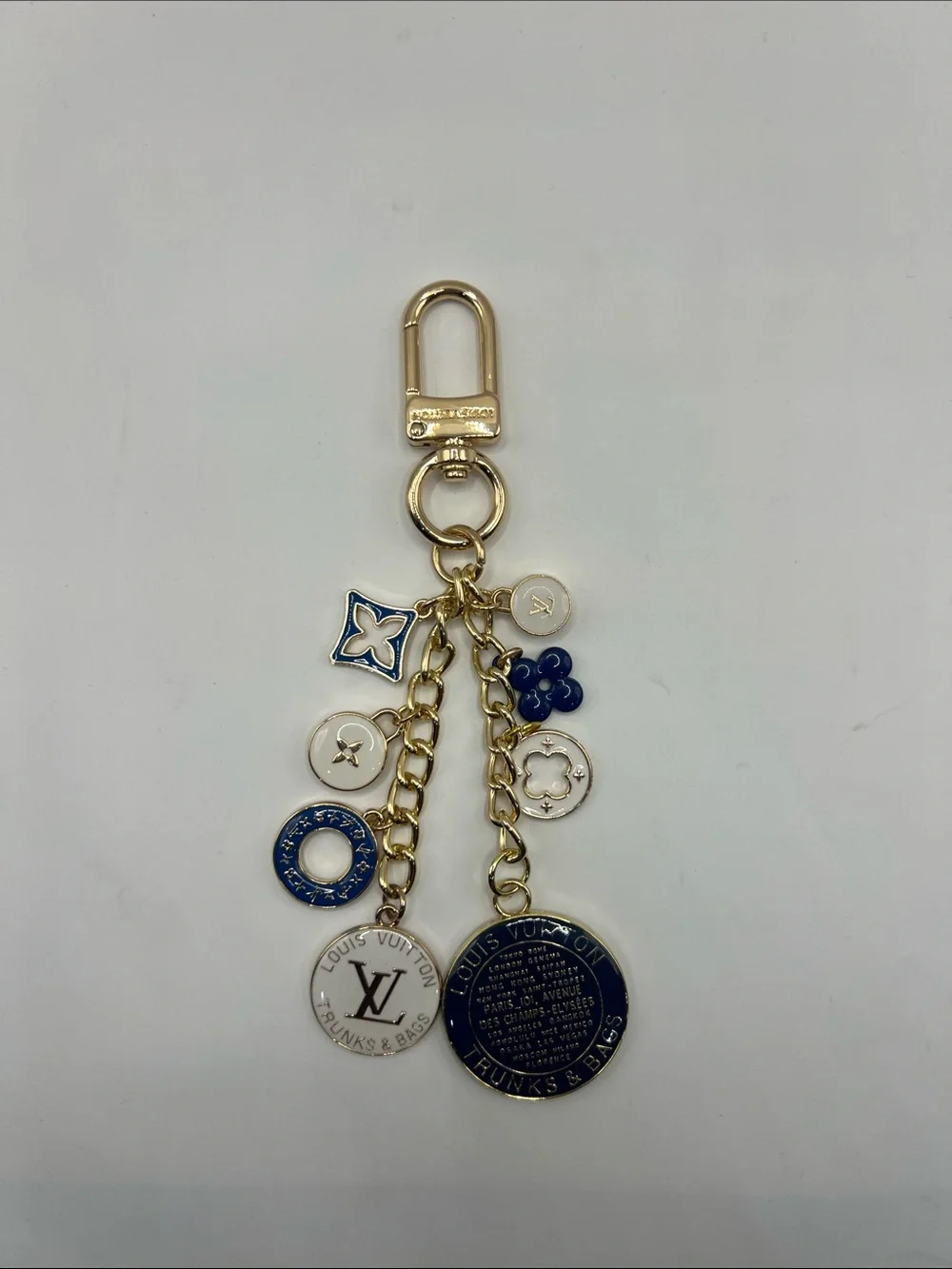 1445. Gold Tone with Navy & White Charm Keychain